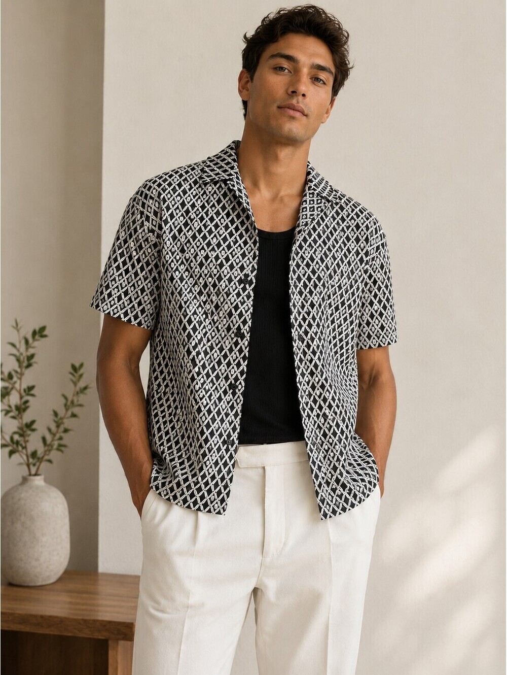 Todd Snyder Men's Camp Collar Shirt M Black White Geometric